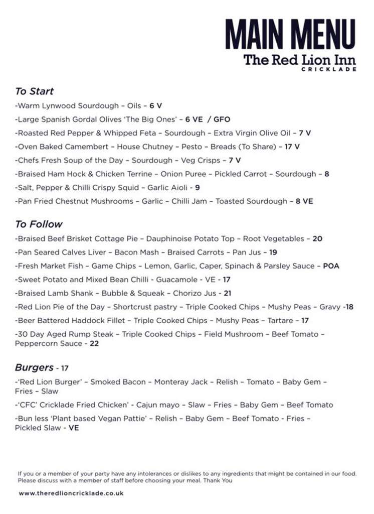 Menus The Red Lion Cricklade